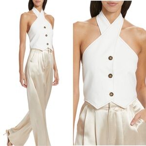 THE FEMM Carly Vest Cross-Halter Button Down Off-White Denim Top